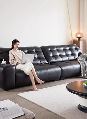 大黑熊真皮沙发客厅直排2025新款意式极简高端黑色头层牛皮沙发