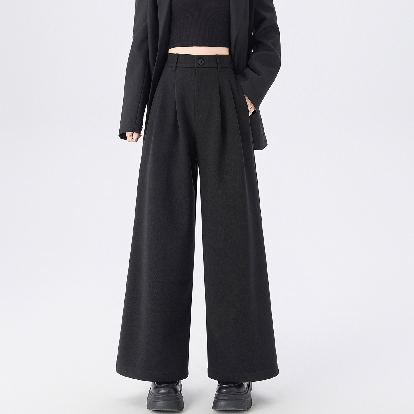 加厚毛呢阔腿裤宽松九分直筒裤子