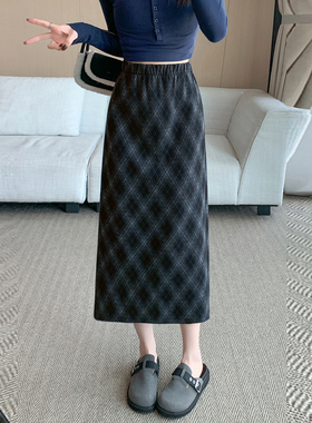 复古软糯格子毛呢开叉半身裙女秋冬2025小个子松紧腰显瘦直筒裙子