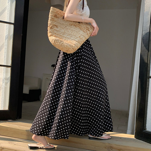 简约波点半身裙女大摆长裙子伞裙