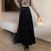 复古垂感褶皱加厚金丝绒半身裙女秋冬2025高腰显瘦a字裙大摆长裙