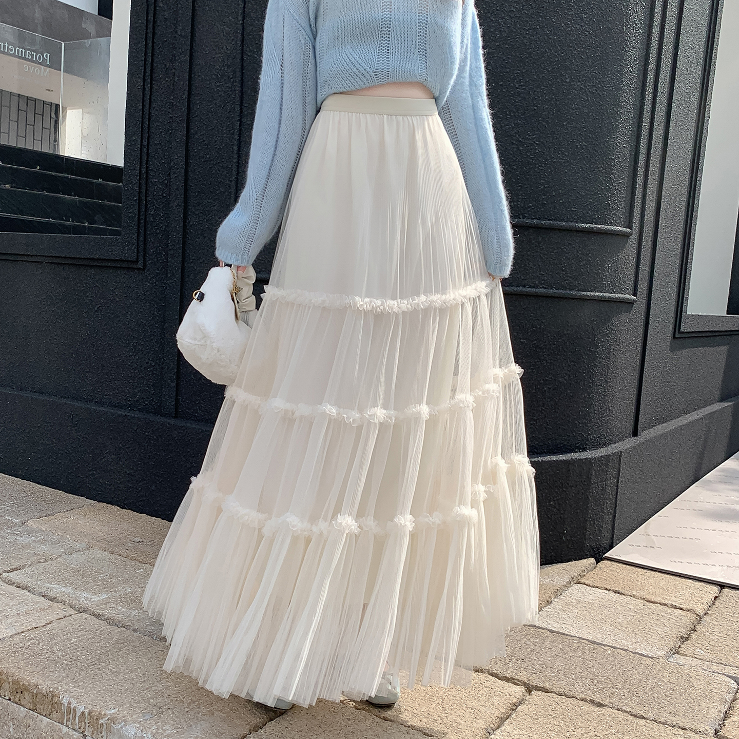 温柔风网纱拼接半身裙长裙蛋糕裙