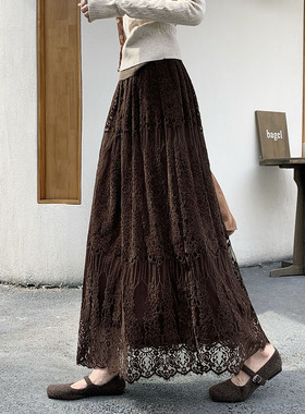 蕾丝半身裙女秋冬2025百搭宽松遮跨高腰半裙显瘦垂感长裙子a字裙