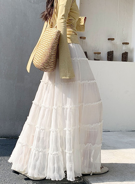 白色蛋糕裙女半身裙2026春夏新款休闲木耳边纱裙大摆A字百褶长裙