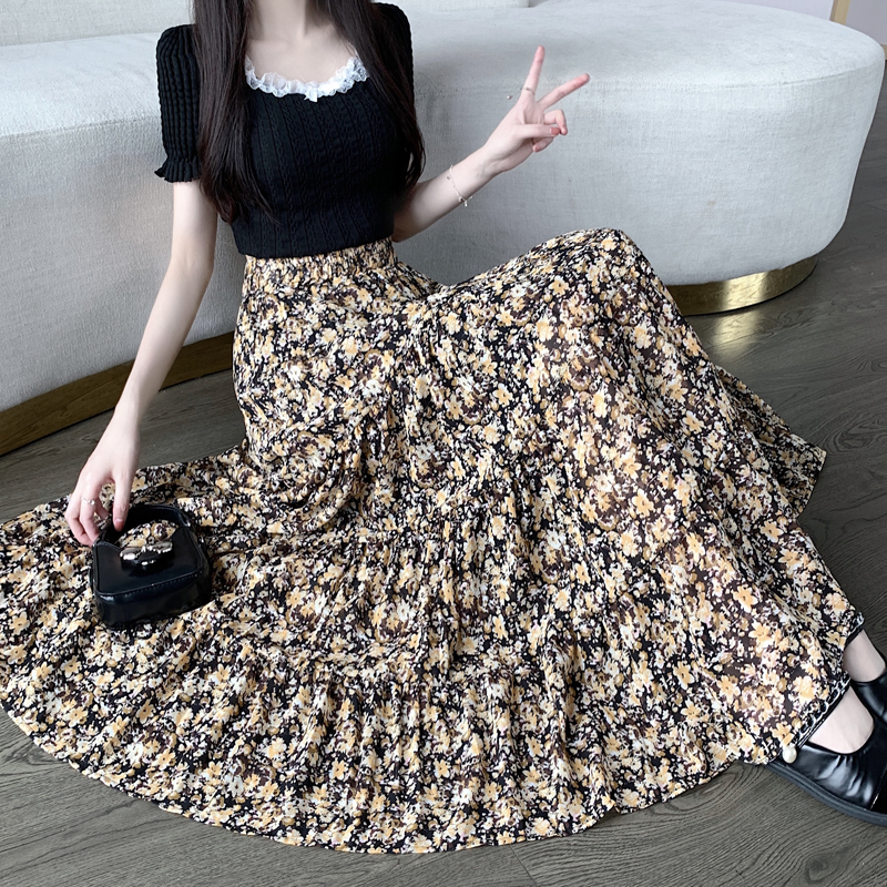 夏季碎花蛋糕裙子女2025新款显廋大摆仙女长裙高腰a字雪纺半身裙