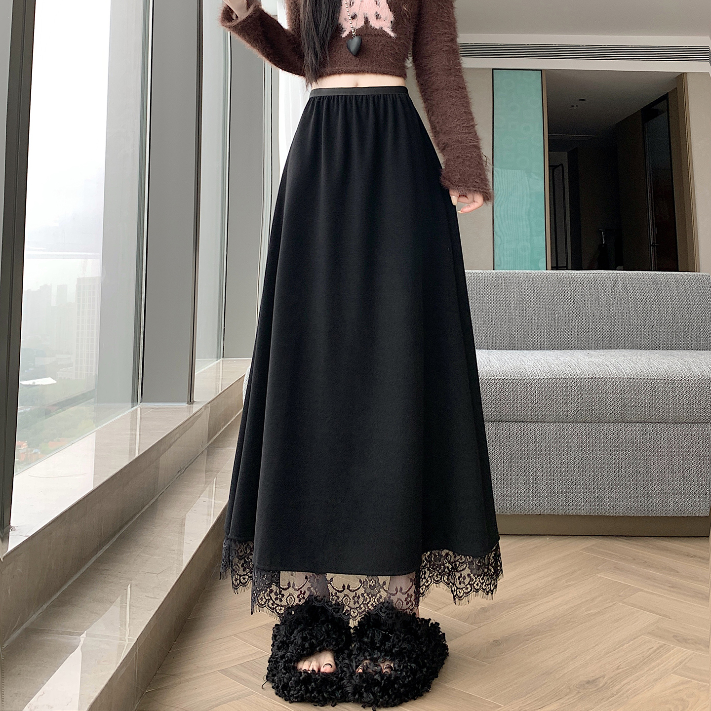 法式蕾丝花边加绒毛呢半身长裙女