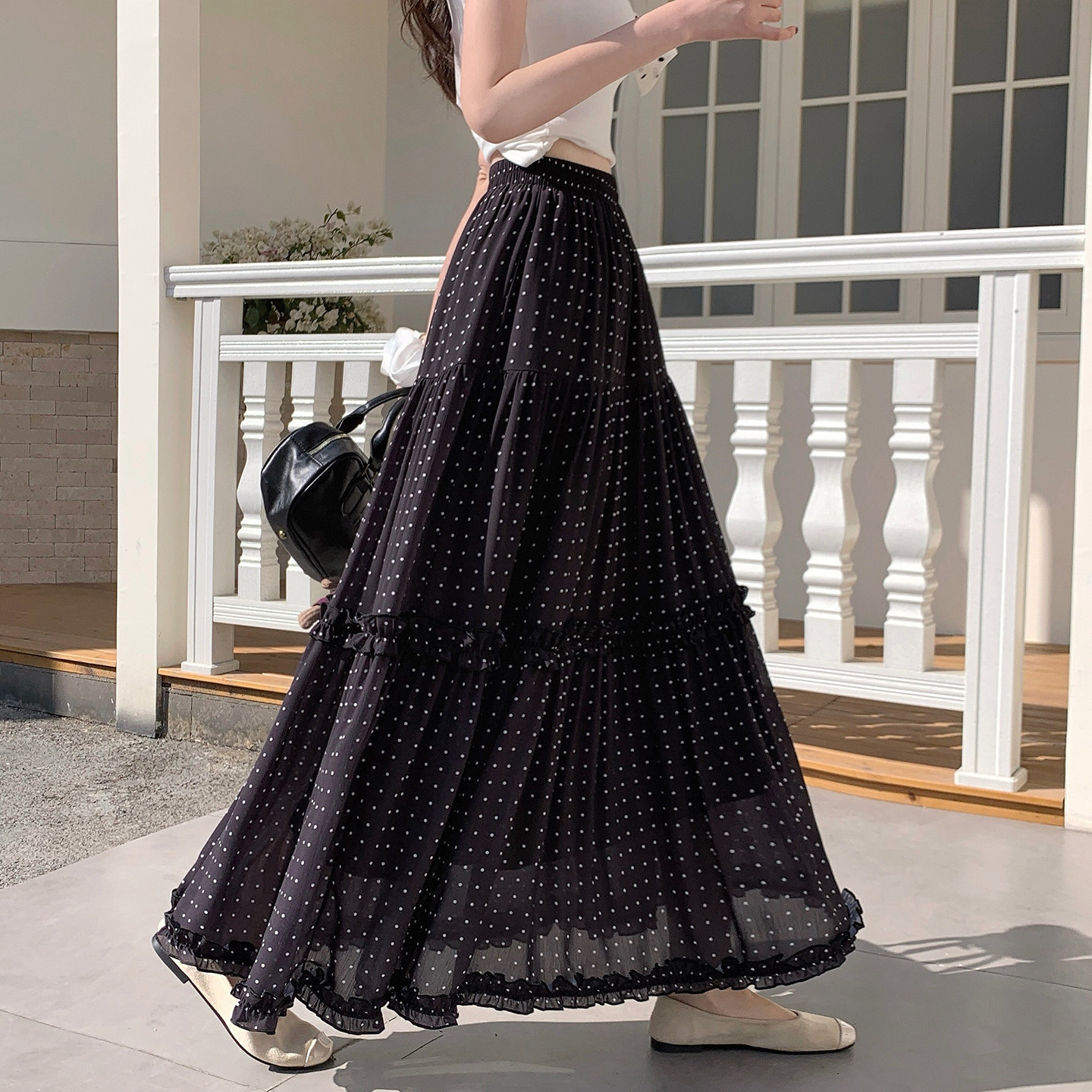 气质黑波点蛋糕半身裙女2026春季松紧腰木耳边百搭显瘦A字长裙子,女装/女士精品,半身裙,淘宝优惠券,粉丝福利购,淘宝优惠卷