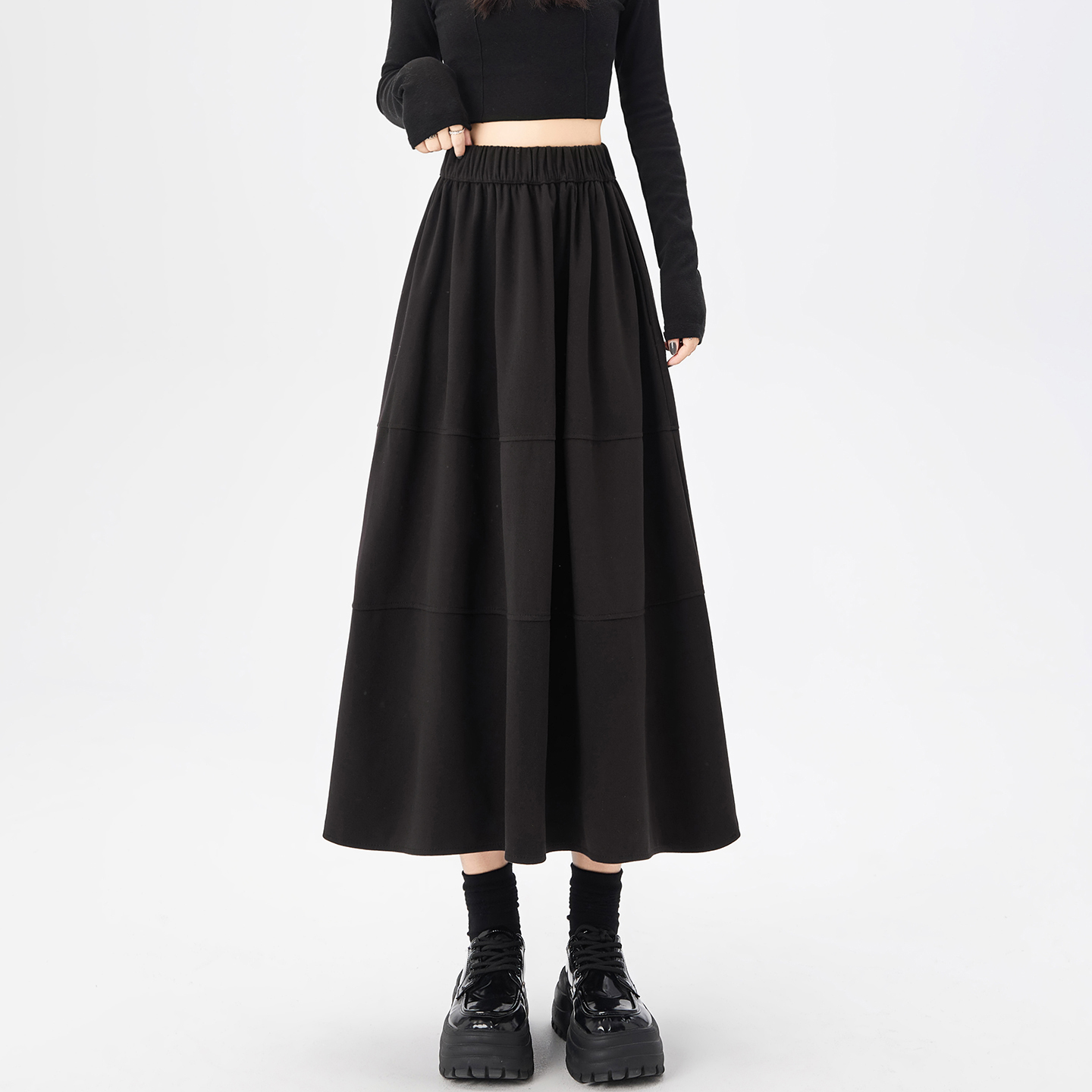 山本风毛呢拼接半身裙女大摆长裙