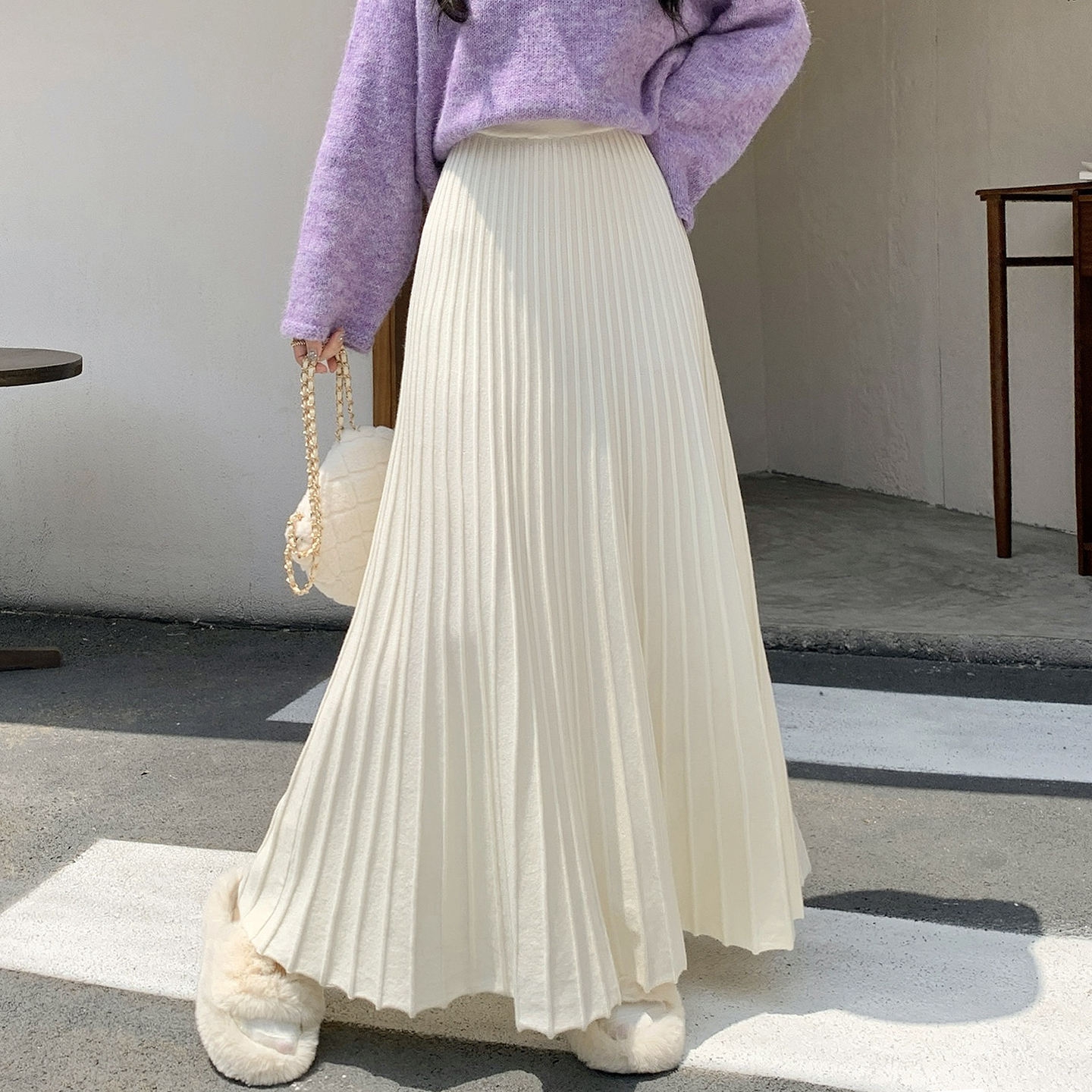 针织长裙宽松百褶加厚半身裙女