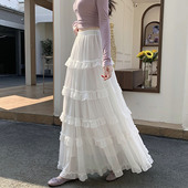白色雪纺蛋糕裙女半身裙春2026新款 木耳边遮跨休闲长裙超仙a字裙