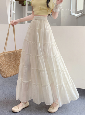 白色多层蛋糕裙遮胯显瘦半身裙女2026春夏高腰松紧腰垂感大摆长裙