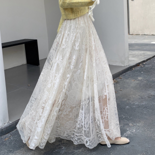 超仙加长拖地蕾丝半身裙女2025秋冬法式 气质高腰显瘦a字大摆长裙