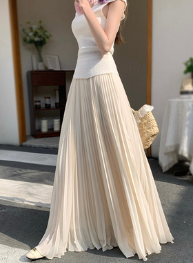 高个子加长雪纺半身裙女夏季新款白色拖地大摆长裙遮跨a字百褶裙