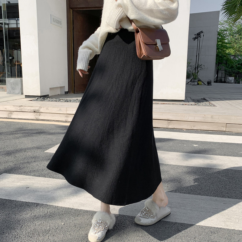 针织裙子半身裙女中长款秋冬24新款遮跨休闲毛线大摆裙高腰a字裙
