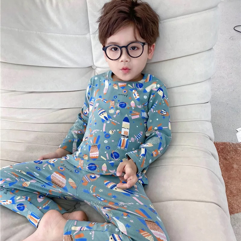 豆芽家 韩版秋冬纯棉儿童内衣套装男童打底秋衣秋裤宝宝居家睡衣