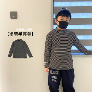 豆芽家 儿童条纹长袖T恤秋冬装中大男童半高领打底衫套头衫黑白潮