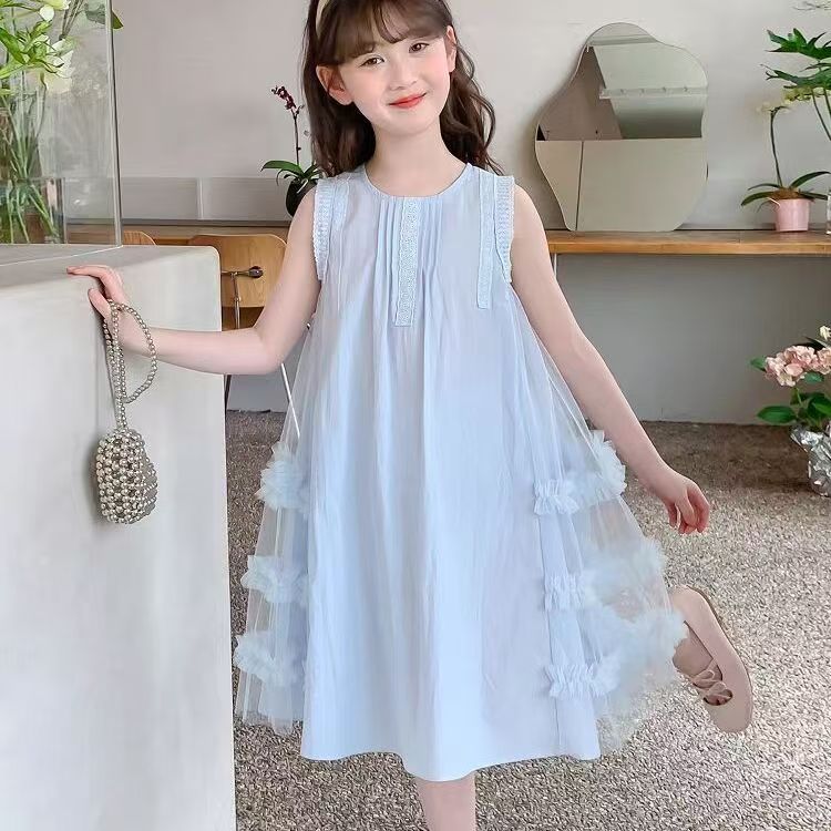 女童背心连衣裙夏季2025新款儿童洋气网纱裙子夏装女孩燕尾公主裙