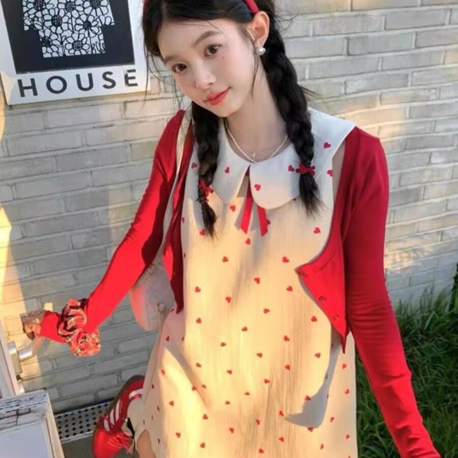 学院风爱心波点无袖中长款连衣裙女秋季甜美针织长袖开衫两件套潮