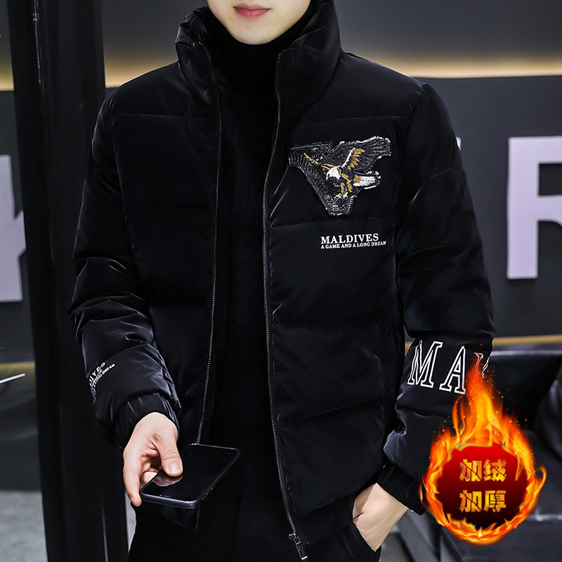 COTTON MENS WINTER THICKENED STAND-UP COLLAR DOWN JACKET MENS TREND SLIM HANDSOME SHINY EAGLE EMBROIDERED SHORT JACKET
