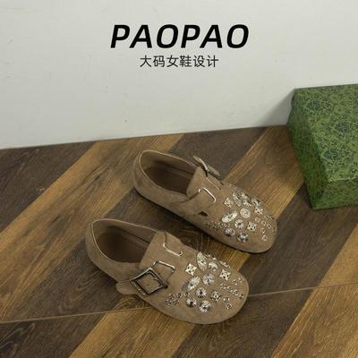 复古气质水钻花两穿浅口单鞋