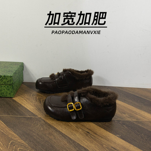 女鞋 玛丽珍鞋 41到43平底加绒勃肯鞋 冬季 一脚蹬毛毛鞋 胖脚宽肥大码