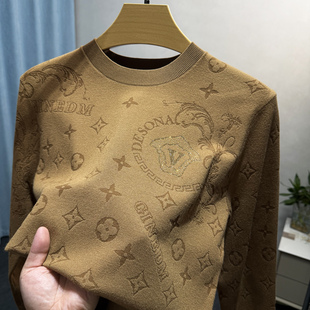 高端薄款提花打底衫男圆领秋冬季潮牌针织衫男士毛衣百搭卫衣线衣