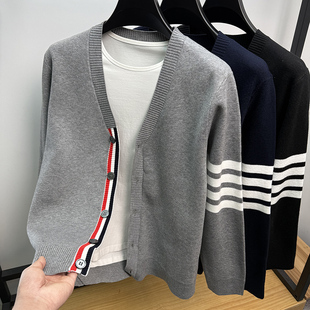 高端正品V领tb开衫男针织衫春秋季条纹修身毛衣外套线衣男装外穿