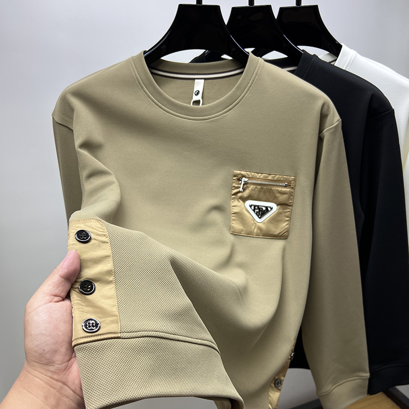 口袋纽扣长袖卫衣男圆领2025春秋季潮牌运动t恤男内搭男装上衣服