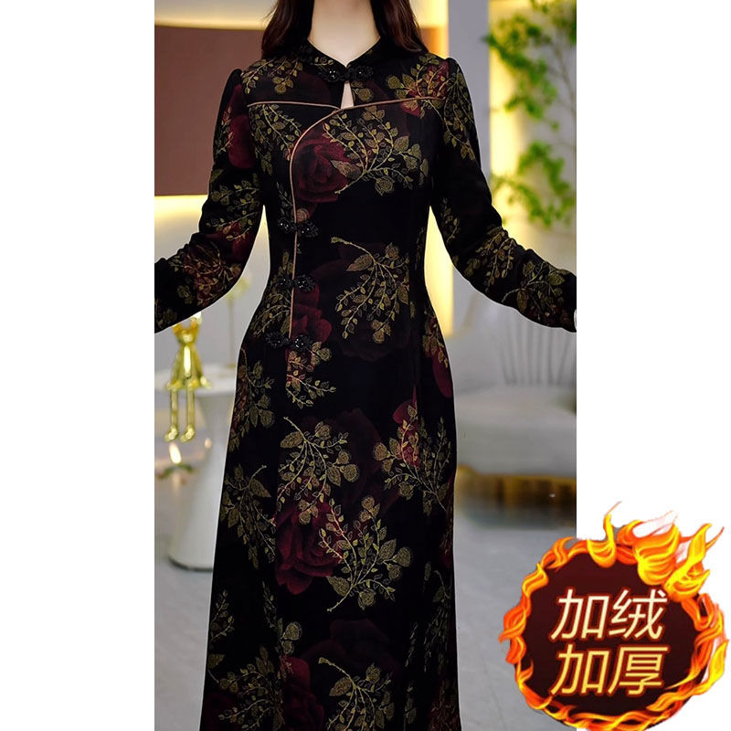 加绒加厚长袖连衣裙女2025秋冬新款时尚气质中长款改良旗袍裙子