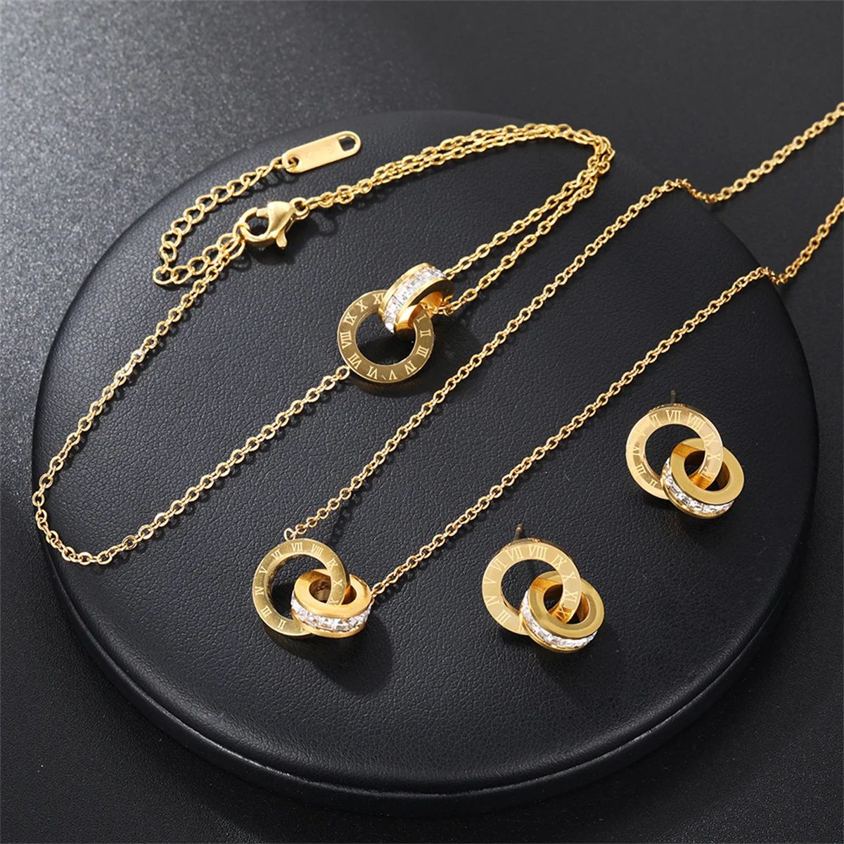 Conjunto de joyas romanas de acero de titanio para mujer, co