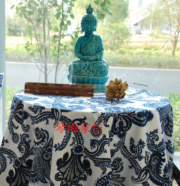 欧式亚麻青花瓷桌布花边定做布艺