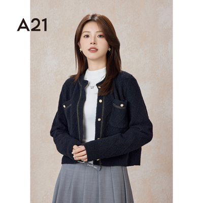 A21女装宽松圆领开胸毛织外套