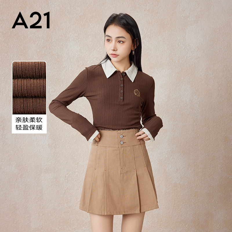 A21女装早春季学院风美式复古撞色显瘦翻领休闲女士半开筒长袖T恤