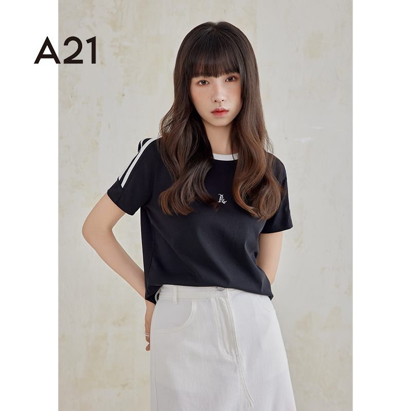 a21女装夏季美式纯棉圆领短袖t恤高级感纯色显瘦打底衫上衣衣服