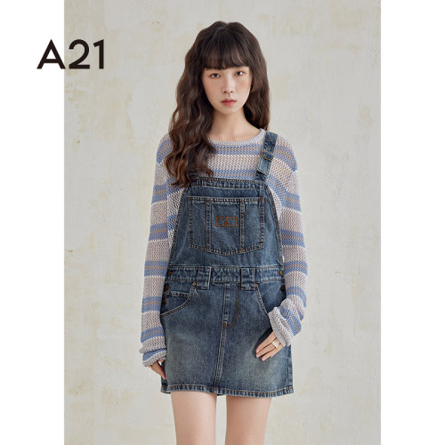 A21女装背带裙牛仔背带裙宽松
