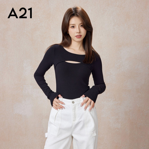 A21女装针织圆领长袖T恤春秋季新款修身显瘦心机镂空内搭打底上衣