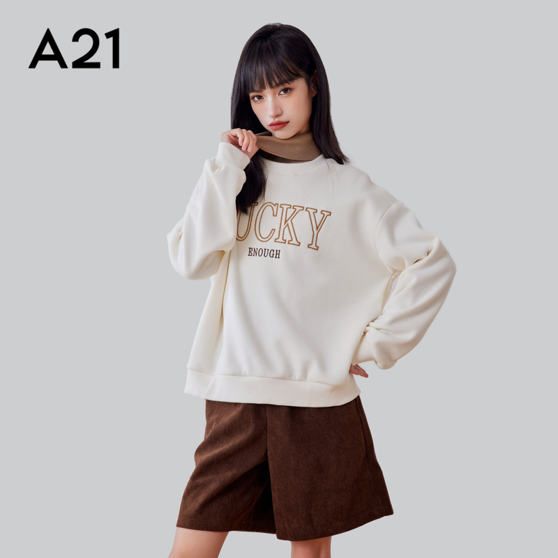 A21女装针织圆领落肩绒底卫衣