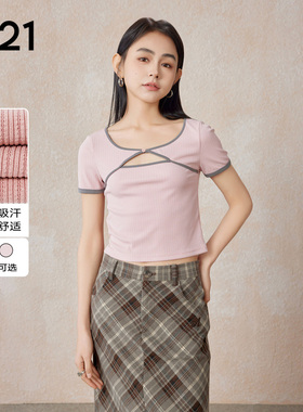 A21女装针织显瘦V领短袖T恤女生夏季设计感短款破洞打底衫上衣