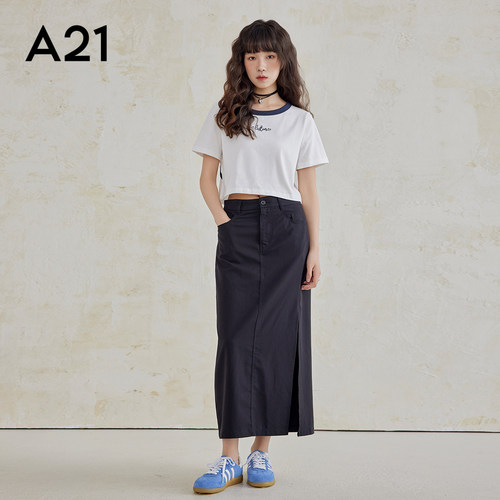 A21女装梭织高腰直筒中长裙