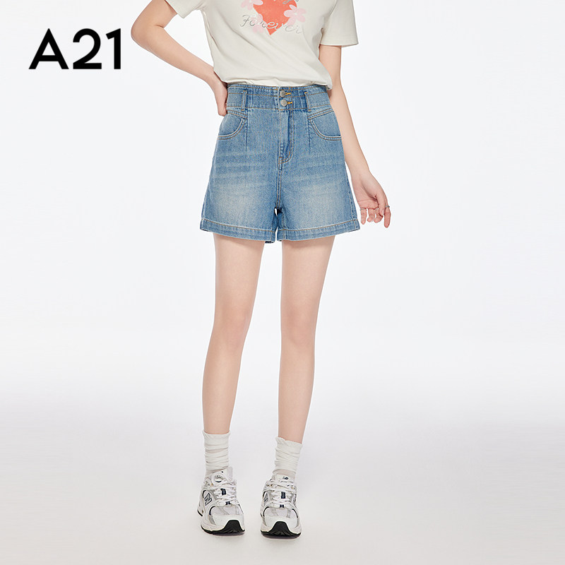 A21女装浅蓝磨白中腰牛仔短裤2025夏季新款简约设计感宽松直筒裤