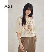 A21女装美式短款短袖t恤女款上衣夏季新款破洞印花设计感打底衫