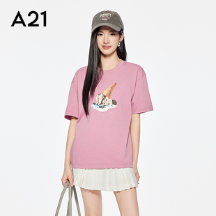 上衣 A21女装 印花字母宽松显瘦圆领T恤2025夏新款 简约中长款 落肩袖