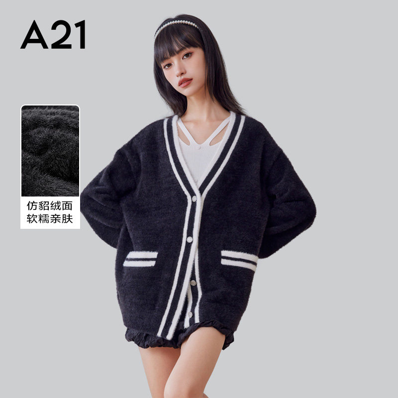 A21女装V领撞色小香风毛衫外套秋季学院风修身显瘦格子开衫针织