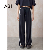 拖地垂感黑色长裤 夏季 休闲运动美式 A21女装 条纹设计感直筒裤 子