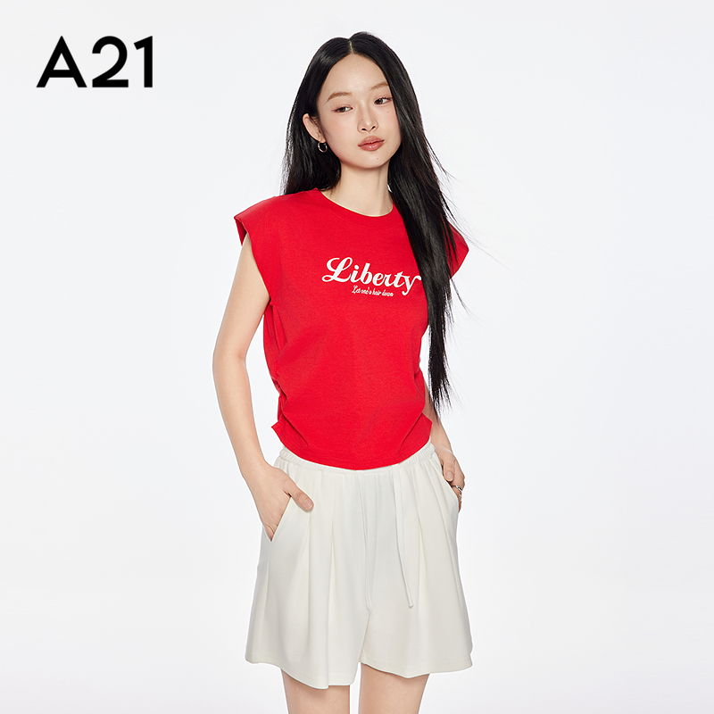 A21女装红色圆领微弹T恤2025夏季新款简约印花字母抽褶短袖上衣