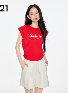 A21女装红色圆领微弹T恤2025夏季新款简约印花字母抽褶短袖上衣