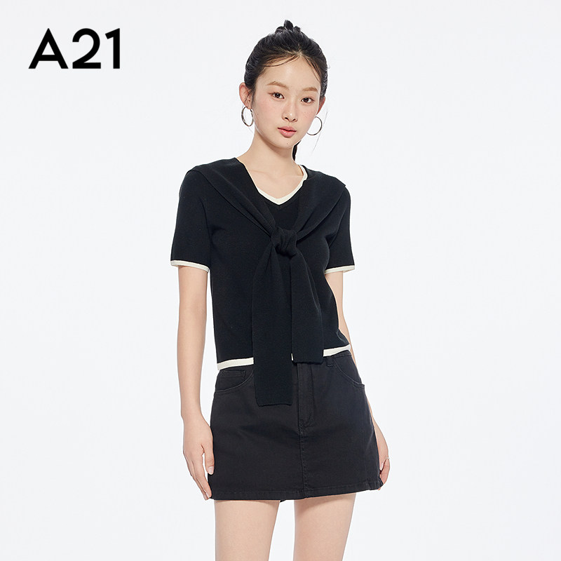 A21女装黑色两件套短袖薄毛针织衫简约撞色V领上衣宽松显瘦