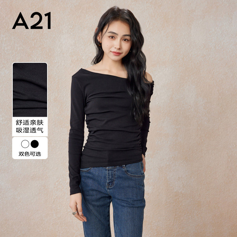 A21新款针织显瘦一字领长袖T恤图片
