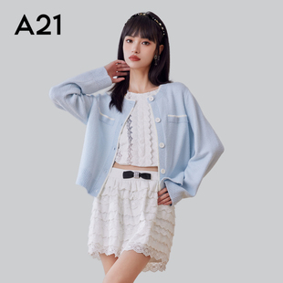 外套气质上衣 A21女装 合体圆领长袖 开胸单层线衫 小香风针织开衫