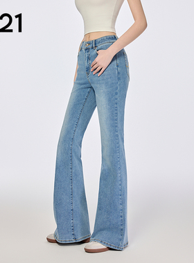 A21女装修身显瘦微弹牛仔长裤简约喇叭裤高腰微喇裤